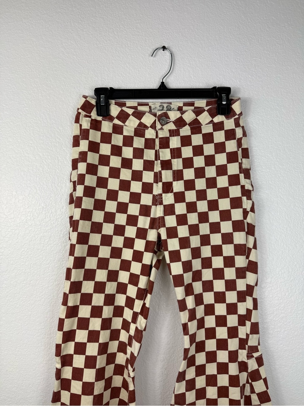 Free People Checkerboard High-Waist Flared Pants - Brown & White size 28 - Picture 3 of 8
